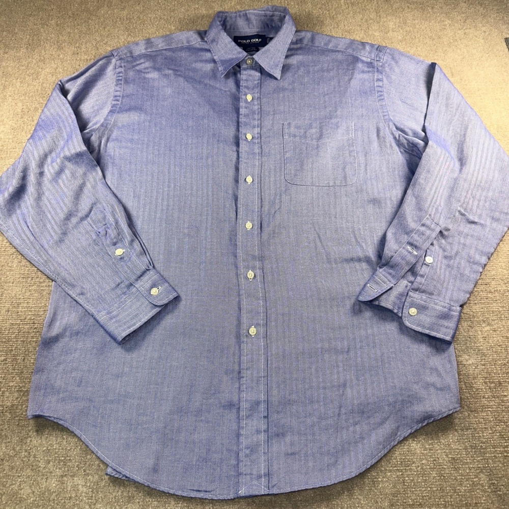 Polo Golf Ralph Lauren Lofting Blue Herringbone Cotton Button Down Shirt Mens L